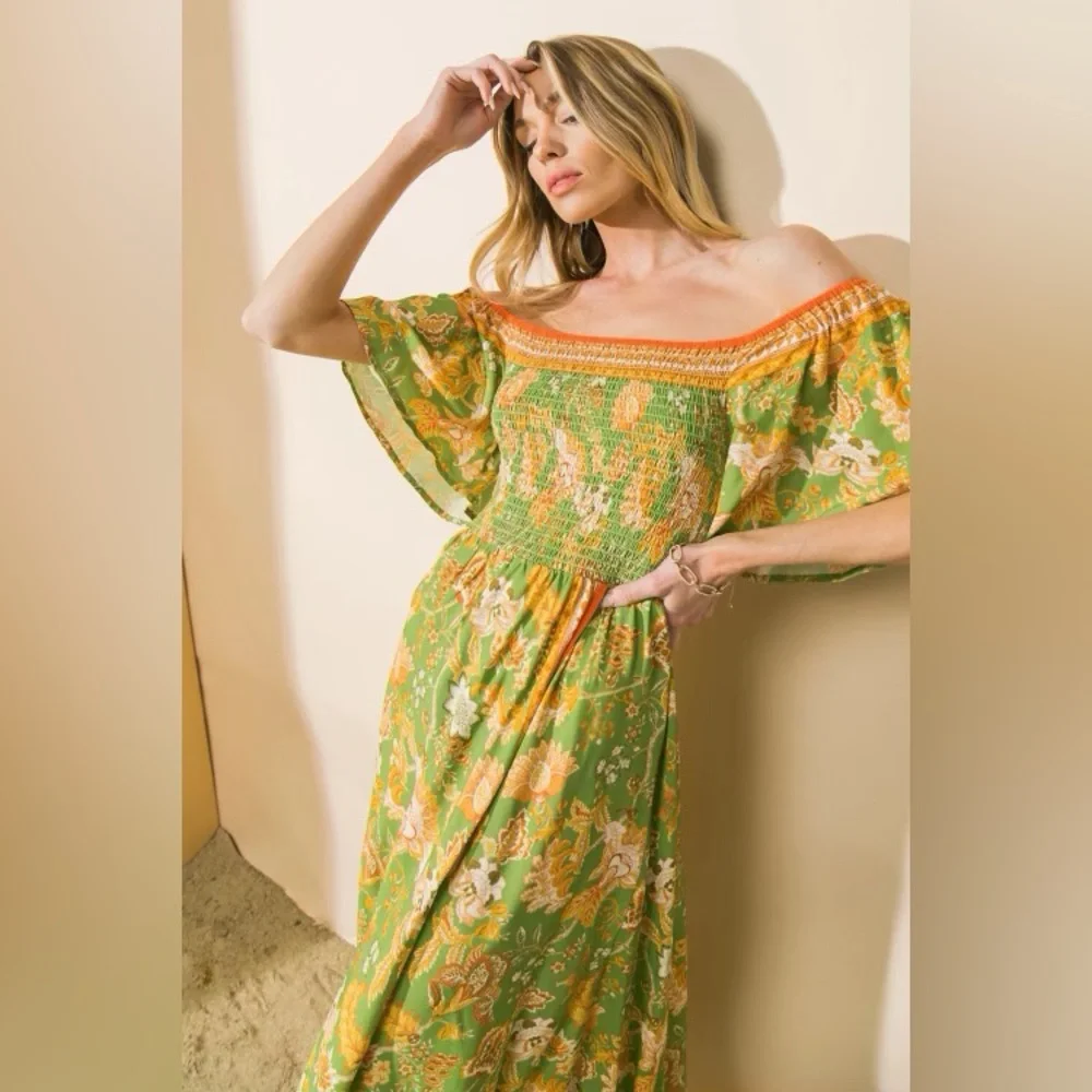 Off Shoulder Tropical Print Floral Smocked Maxi Dress - Picture 5 of 8
